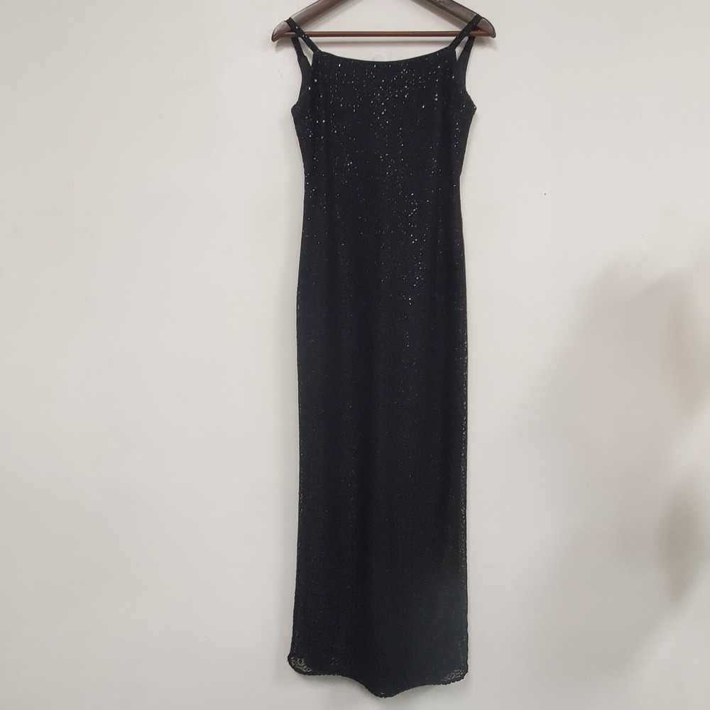 Kiki USA Vtg Sheer Black Lace Sequin Dress Size S Y2K Square Neck 90s Minimalist
